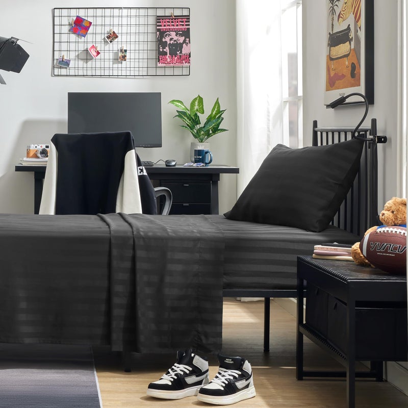 SLEEP ZONE Striped Cooling Sheets Set Full Size - Fitted Flat Sheet & Pillowcase Sets 4 Piece - Super Soft Stripe Bed Sheet, Easy Care, Deep Pocket (Black, Full) - Image 2